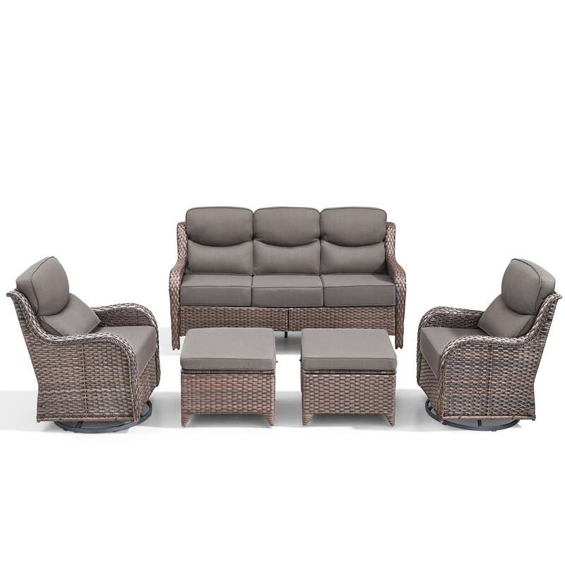 Arcadia 5-Piece Wicker Patio Conversation Set with Swivel Gliders and 6-Inch Thick Olefin Cushions