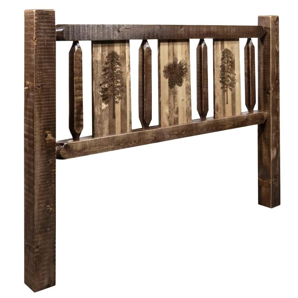 Rustic King Size Headboard with Laser Engraved Pine Design, Stained Wood and Clear Lacquer Protective Finish