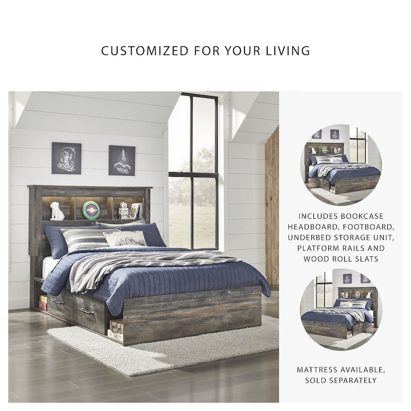 Drystan Rustic Brown Bookcase Bed with 2 Under Bed Storage Drawers