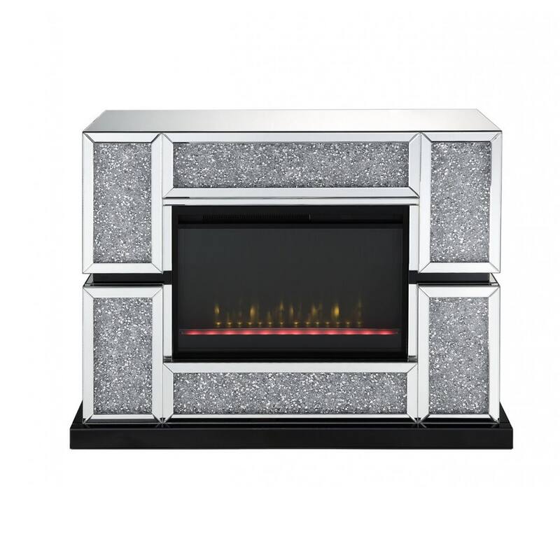 Electric Fireplace with Mirror Panel Framing and Faux Crystals Inlay,Silver