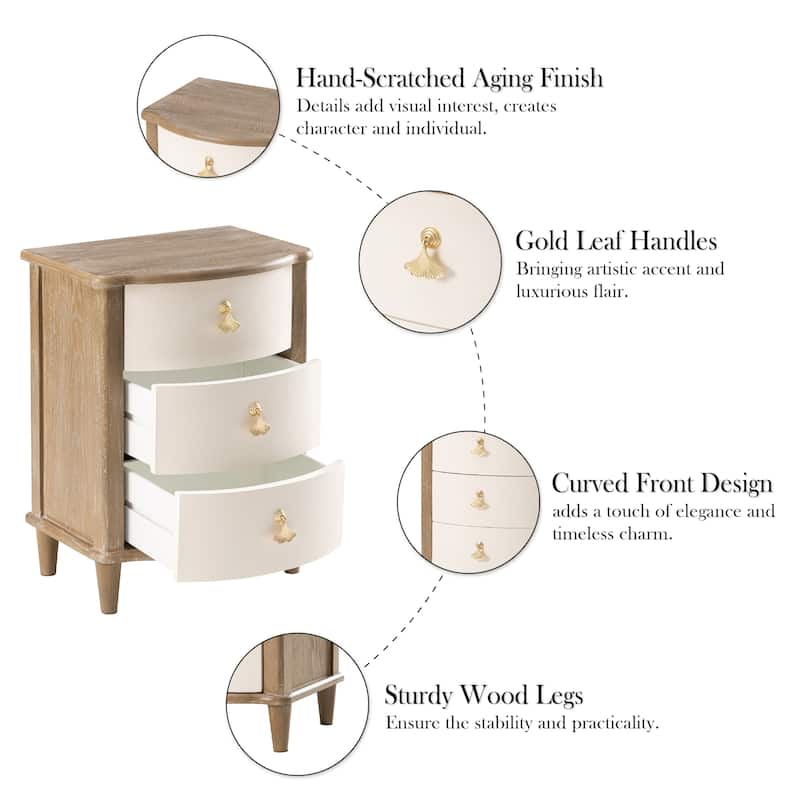 COZAYH Elegant 3-Drawer Nightstand with Gold Leaf Handles, Vintage Curved Front Design, Distressed Finish