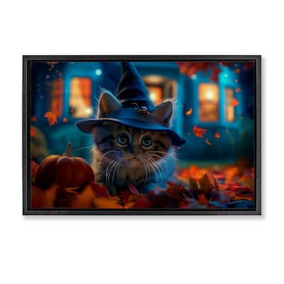 Stupell Halloween Witch Kitten & Pumpkin Framed Floater Canvas Wall Art Design By Wumples