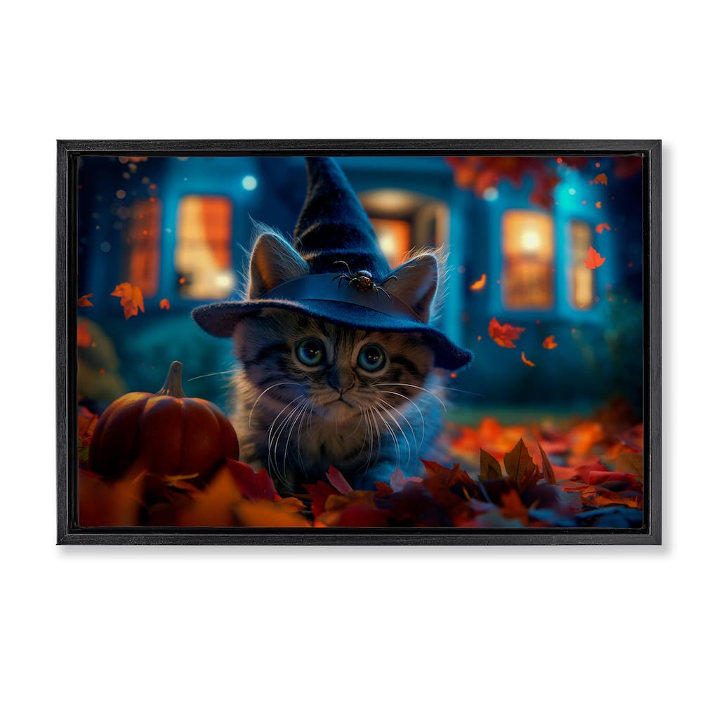 Stupell Halloween Witch Kitten & Pumpkin Framed Floater Canvas Wall Art Design By Wumples