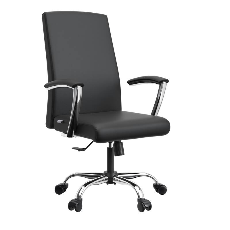 LeisureMod Evander Modern Swivel Office Chair in Faux Leather with Silver Frame - Black