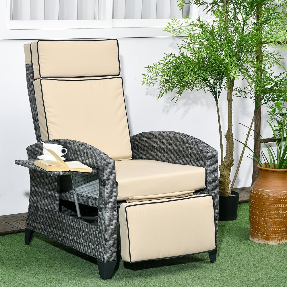 Outsunny Outdoor Recliner Chair with Cushion, PE Wicker Reclining Patio Lounge Chair with Adjustable Footrest