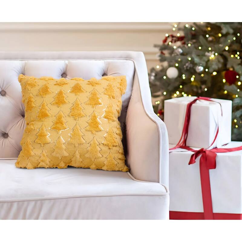 Tree Embroidered Pillow with Sequins - Gold