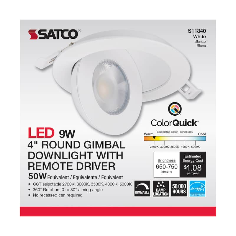 9 Watt CCT Selectable LED Direct Wire Downlight Gimbaled 4 Inch Round Remote Driver White