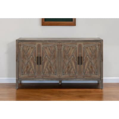 HomeRoots 60" Natural and Brown Distressed Carved Geometric Sideboard with Four Doors - 59.8' X '33.9' X '15.7