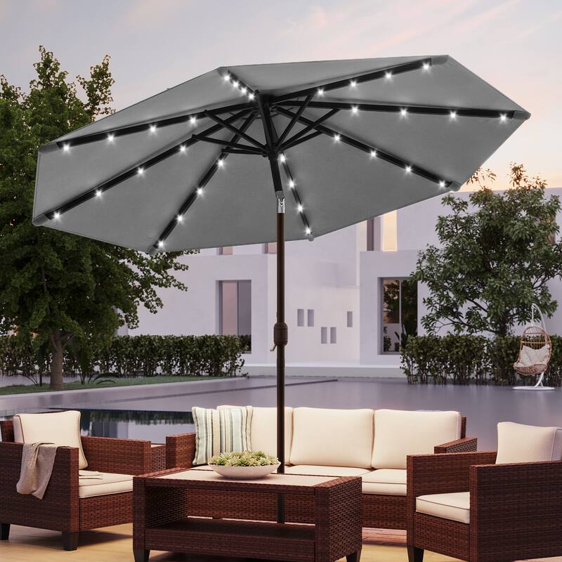 BONOSUKI Patio 10Ft LED Market Umbrellas With Solar Lights, Table Umbrella for Patio and Outdoor With Tilt Button - Gray