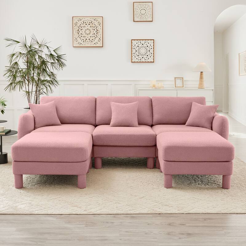 109.4" 3-Seater Modern Upholstered Sofa Couch, Deep-Seat Sectional Sofa with Shell-Shaped Armrests, Leisure Sofa for Living Room - Pink- 3-Seater-2 Ottoman