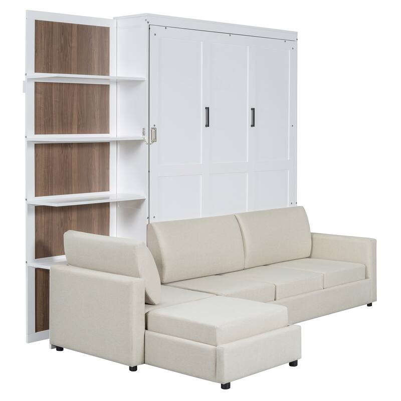 Queen Murphy Bed with Built-in Sofa, Shelves & Space-Saving Design