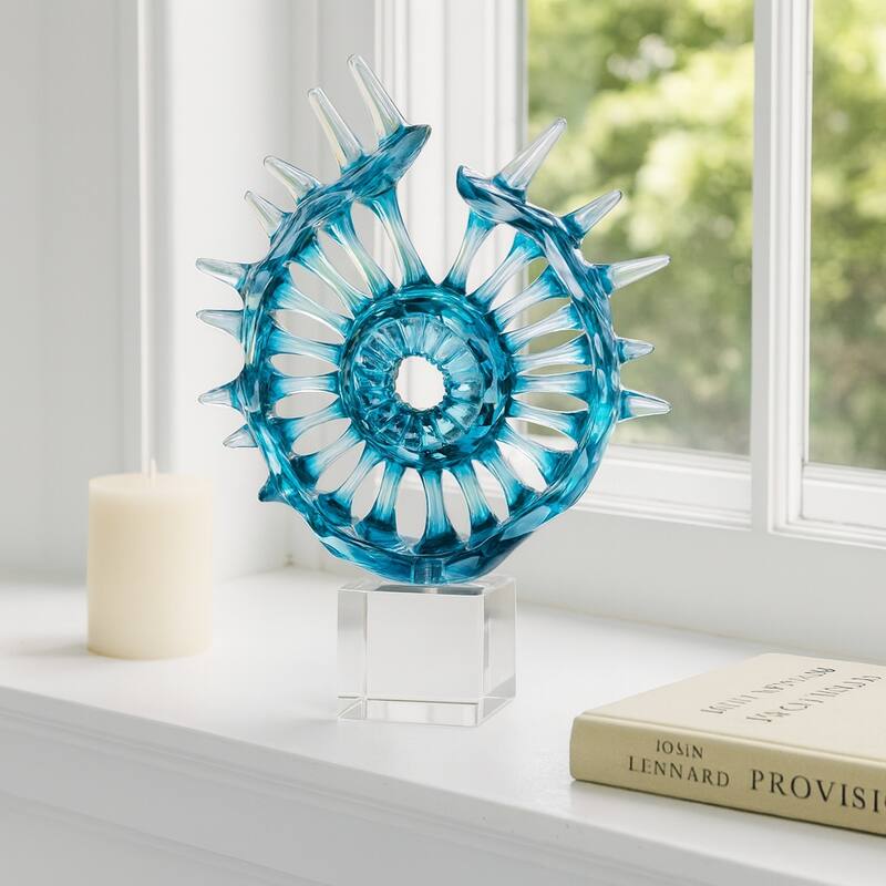 Glass Sculpture Abstract Spiral Crystal Base Modern Accent - 15" Blue - 11.5" x 3.25" x 15"