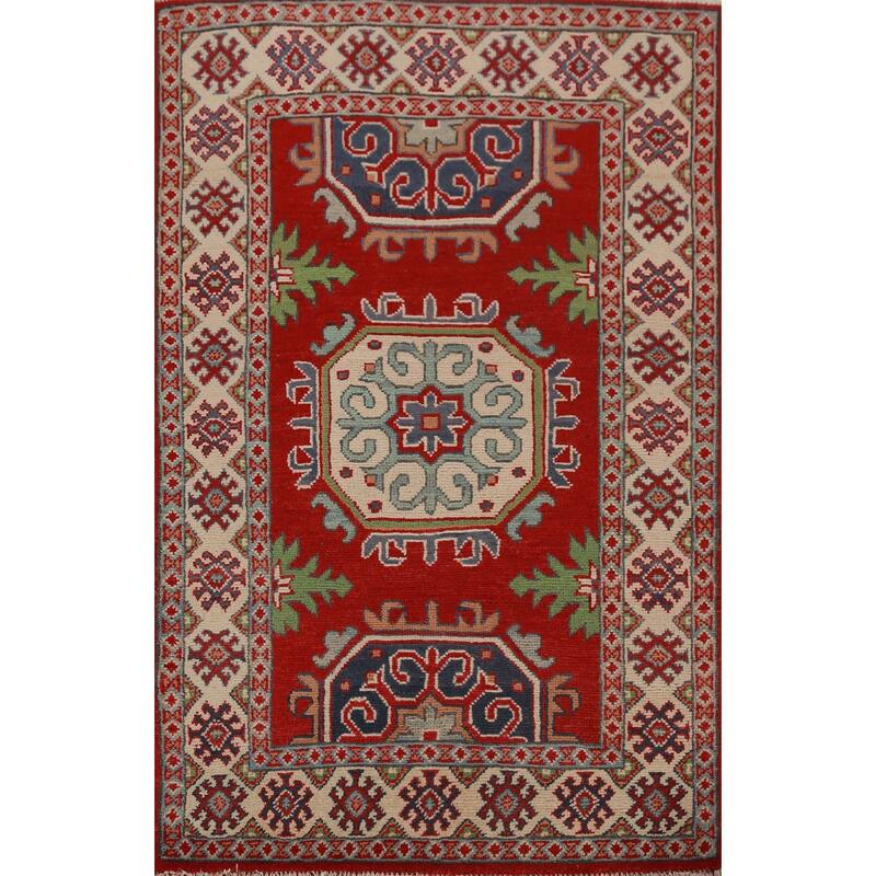 Bedroom Red Kazak Foyer Rug Hand-Knotted Geometric Wool Carpet - 2'8"x 4'0"