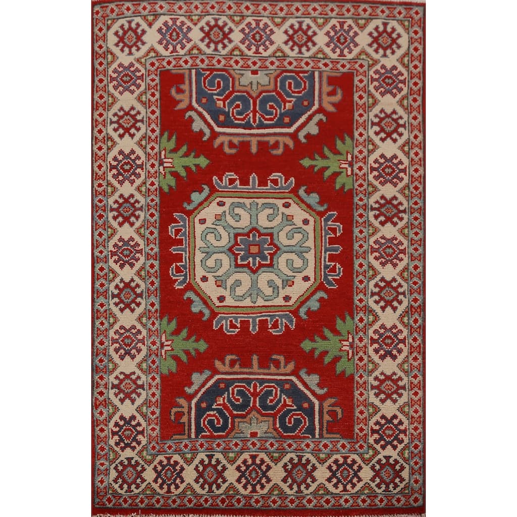 Bedroom Red Kazak Foyer Rug Hand-Knotted Geometric Wool Carpet - 2'8"x 4'0"