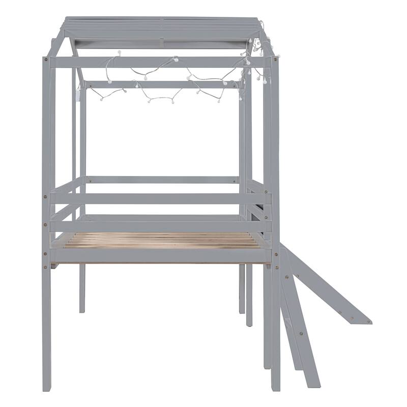 Loft Bed with Ladder and Slide, House Bed with Blackboard and Light Strip on the Roof