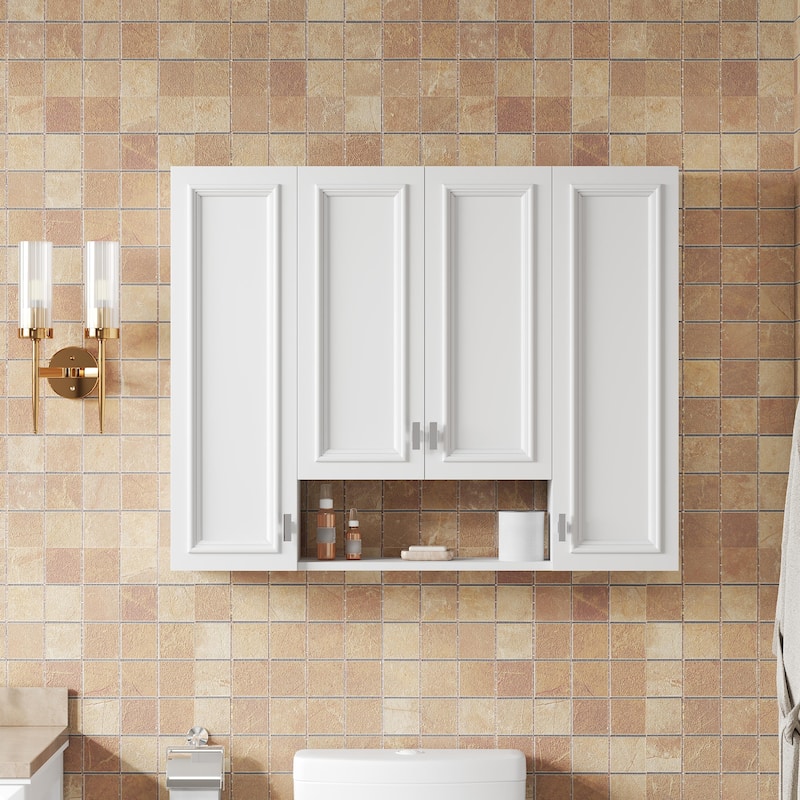 Roomfitters Wall Mounted Medicine Cabinet with 5 Adjustable Shelves, Modern Mirror Storage with Open Shelving, White - White