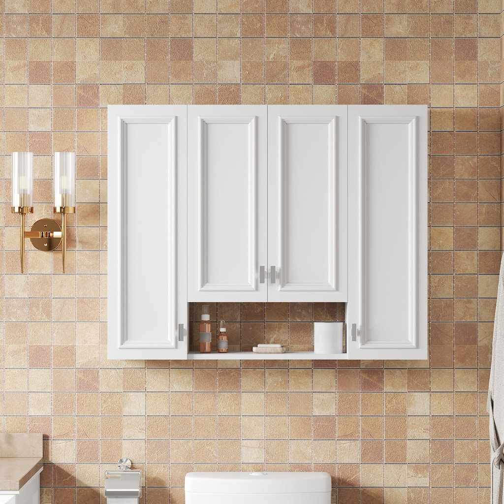 Roomfitters Wall Mounted Medicine Cabinet with 5 Adjustable Shelves, Modern Mirror Storage with Open Shelving, White