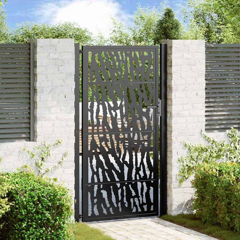vidaXL Garden Gate Black Steel Leaf Design - Black (4)