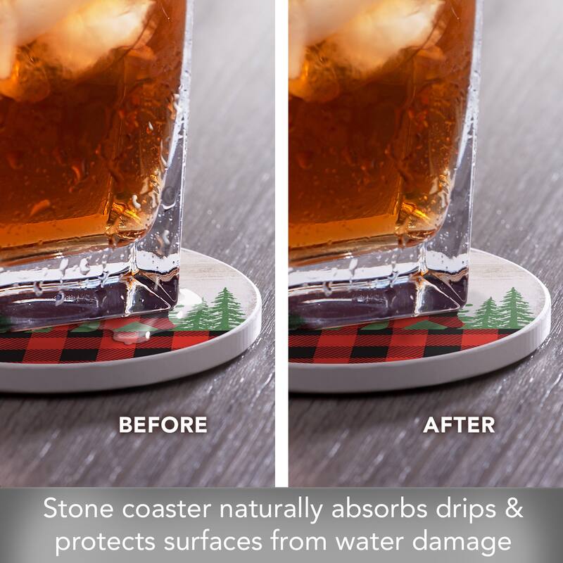 Bear Check 4 Pack Absorbent Stone Coaster with Protective Cork Backing Made in The USA 4" Round, Easily Wipes Clean - Multi