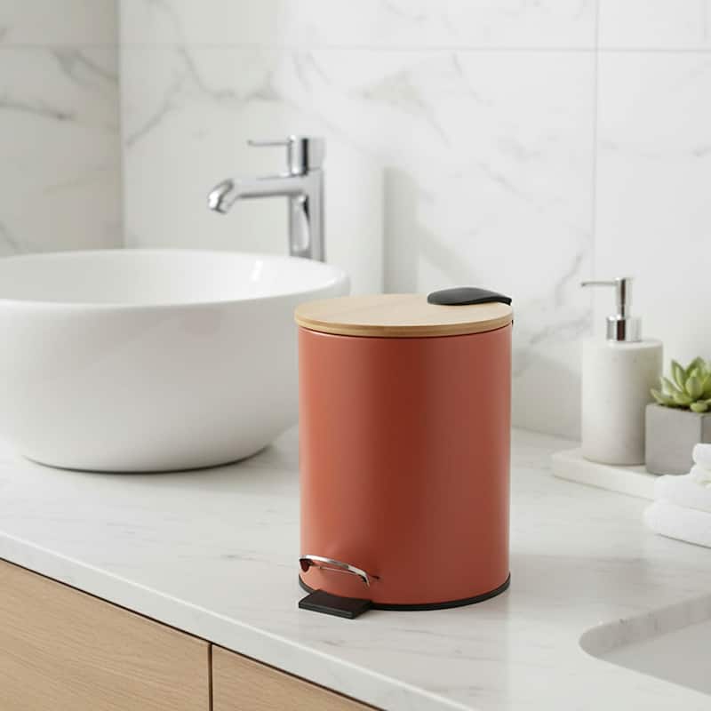 Stylish Trash Can with Bamboo Lid and Pedal, 2.5L Capacity - 9.2" H x 8" L x 8" W