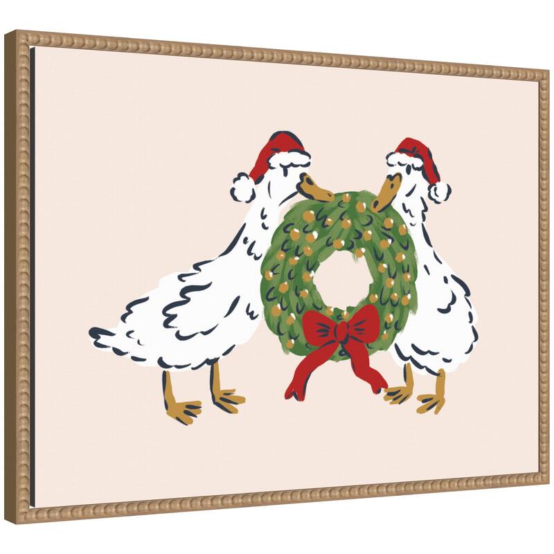 Kate and Laurel Sylvie Beaded Christmas Wreath Ducks Framed Canvas by Krissy Mast - Brown
