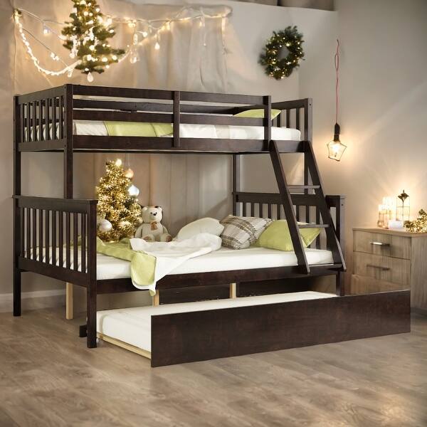 slide 2 of 19, Detachable Rubber Wood Twin Over Full Bunk Bed with Trundle,Convertible Ladder and Guardrail,Kids and Baby Espresso
