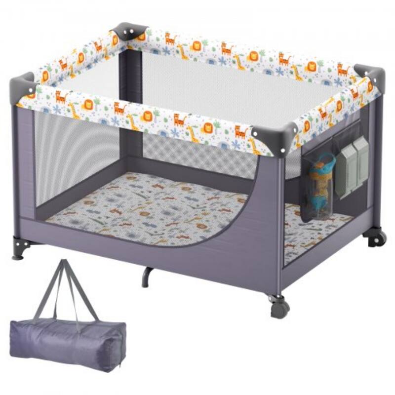 Dark Grey Baby Playpen Folding and Portable with 2 Wheels and Small Storage Pockets - 40.2 x 27.6 x 25.6 in - Dark-Grey