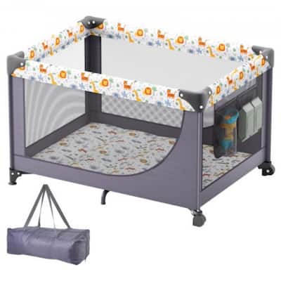 Dark Grey Baby Playpen Folding and Portable with 2 Wheels and Small Storage Pockets - 40.2 x 27.6 x 25.6 in