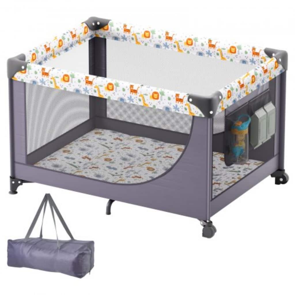 Dark Grey Baby Playpen Folding and Portable with 2 Wheels and Small Storage Pockets - 40.2 x 27.6 x 25.6 in