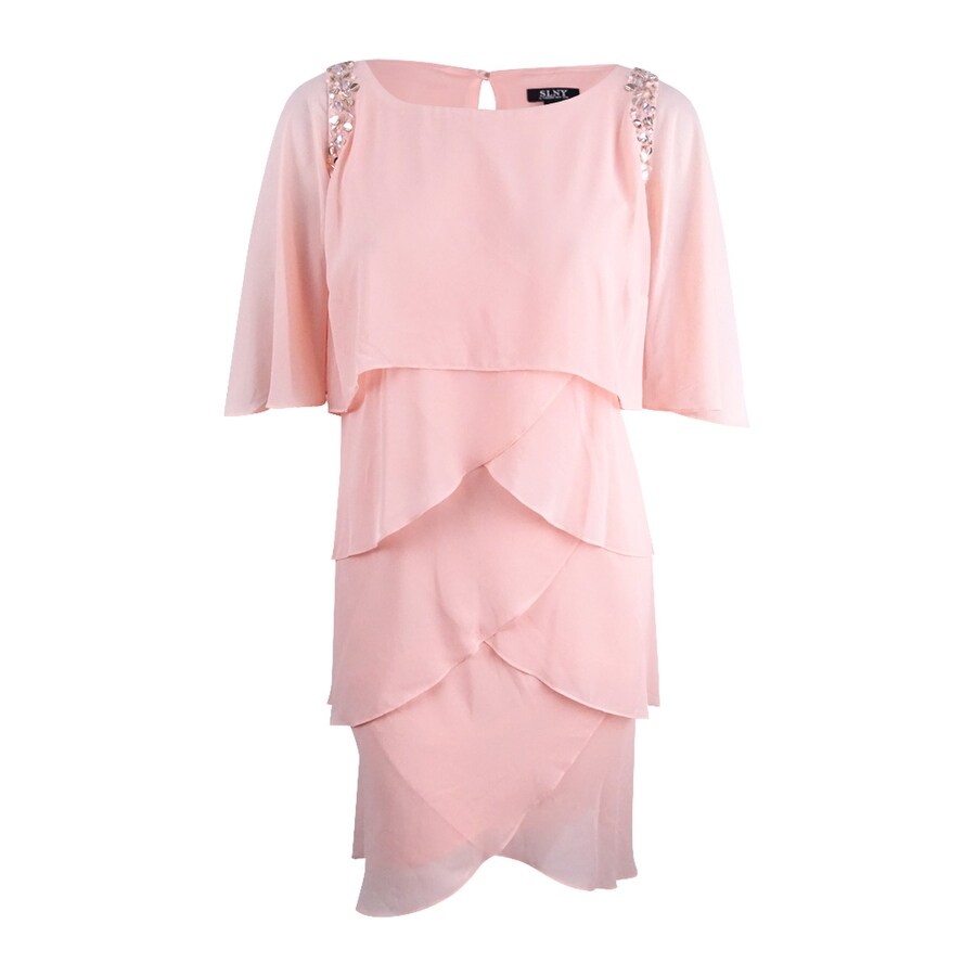 sl fashions embellished tiered chiffon dress & capelet