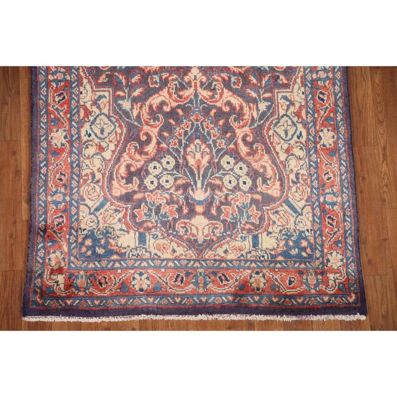 Hand Knotted Oriental 100% Wool Carpet Traditional Floral Navy Blue & Blues Mahal Runner Rug - 10' 10'' X 3' 3''