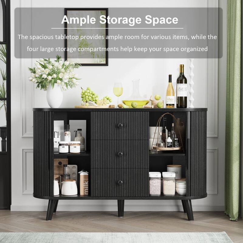 Fluted Sideboard Buffet Cabinet with Tambour Sliding Doors, Modern Coffee Bar Console with Storage & Adjustable Shelves
