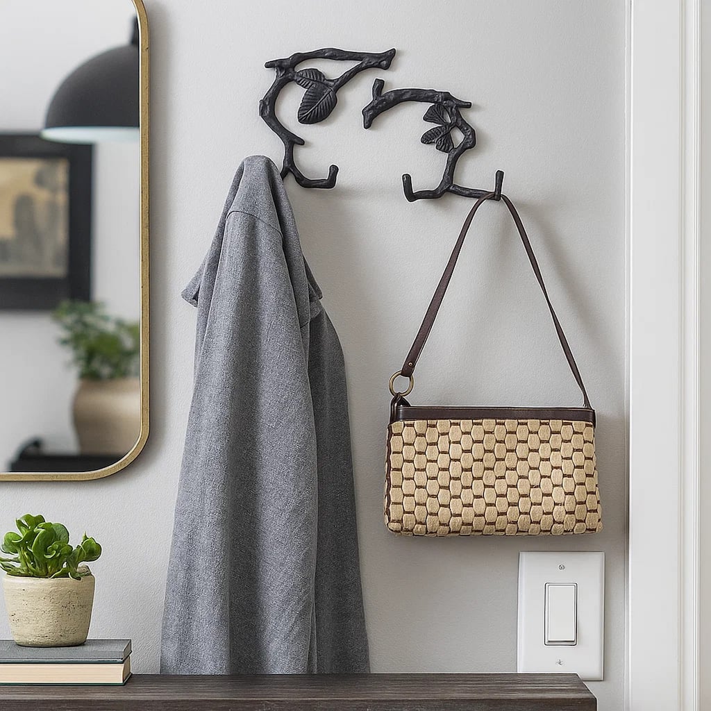 Wood Branch Look Wall Hooks with Key Hole Hanging, Black, Set of 2