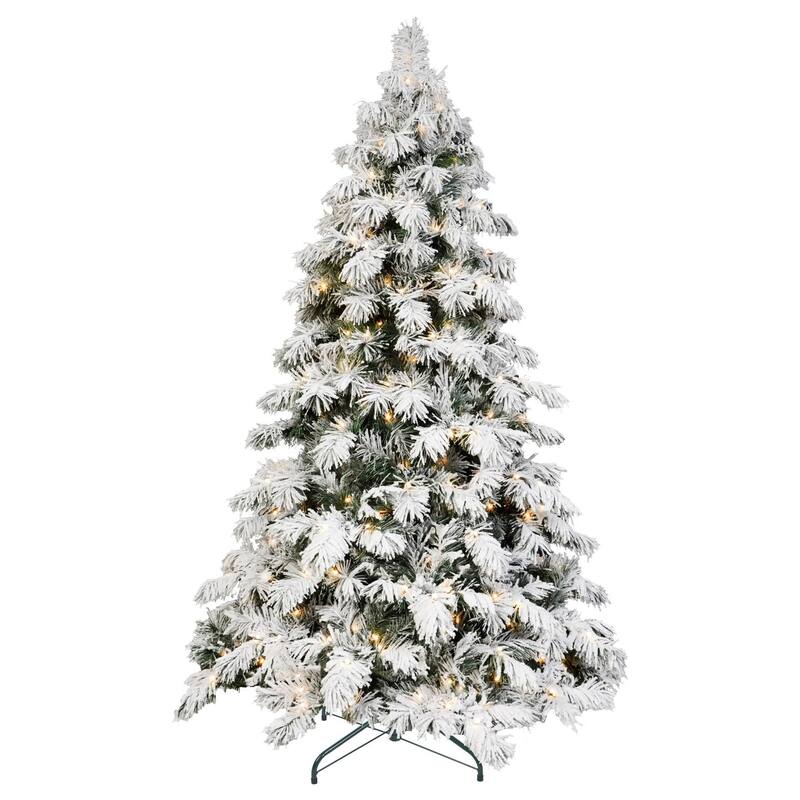 HomeRoots 5' Green And White Pre Lit Full Flocked Pine Christmas Tree - 36.00 in. x 60.00 in. x 36.00 in.