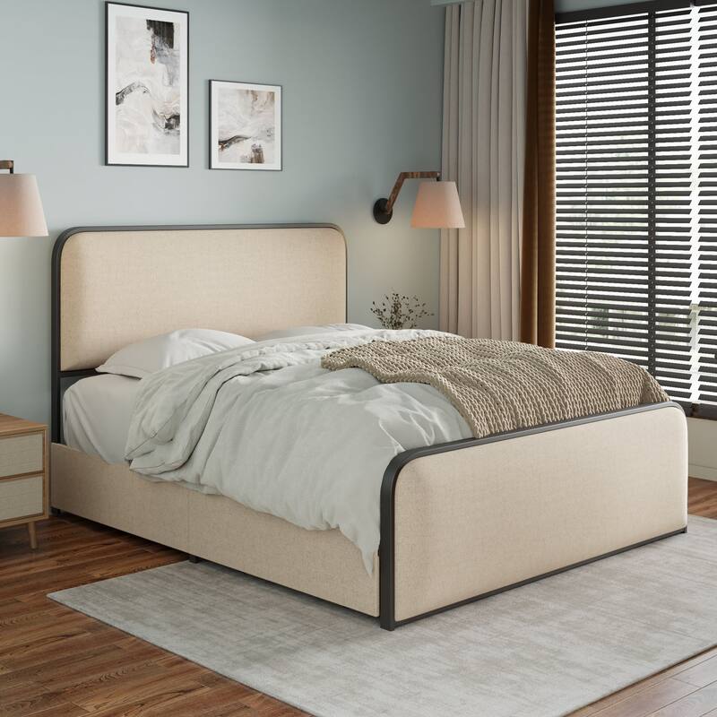 Roomfitters Queen/King Size Metal Bed Frame, Curved Upholstered Headboard and Footboard, Built-In Storage Base, Beige