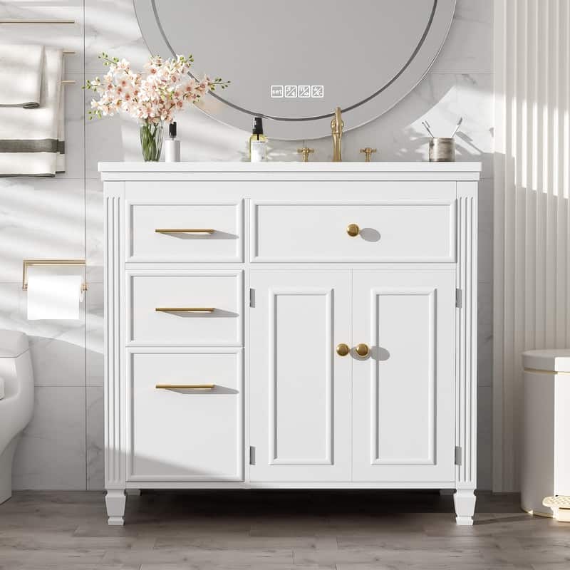 36" Bathroom Vanity with Ceramic Sink, One Tip-out Drawer, 3 Side Drawers, Adjustable Shelf - White