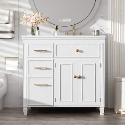 36" Bathroom Vanity with Ceramic Sink, One Tip-out Drawer, 3 Side Drawers, Adjustable Shelf