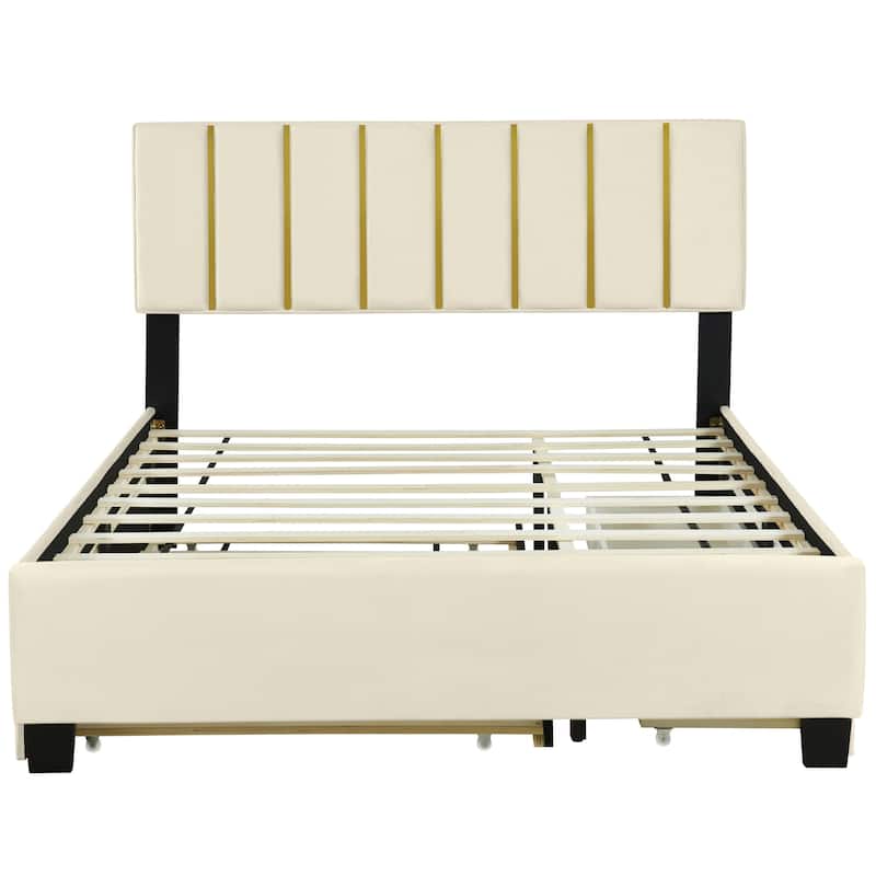 HomeRoots Beige Tufted Velvet Upholstered Queen Bed Frame With Trundle And Drawers