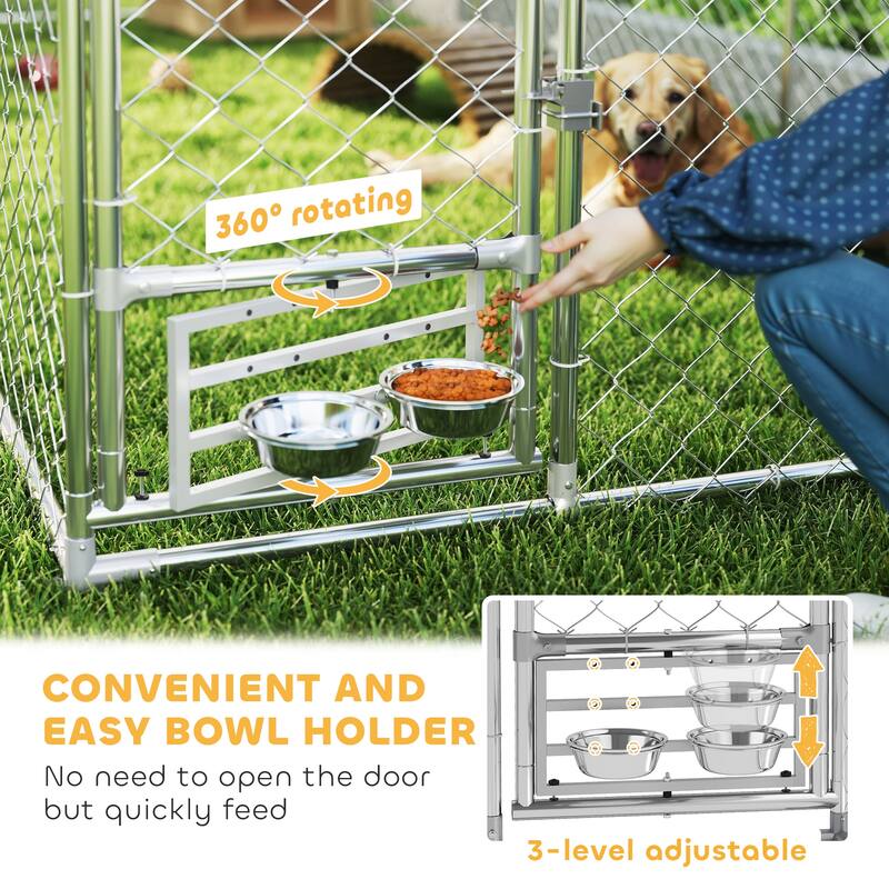 PawHut Outdoor Dog Kennel, Heavy Duty Dog Run with Adjustable & Rotatable Bowl Rack, Waterproof UV-Resistant Cover