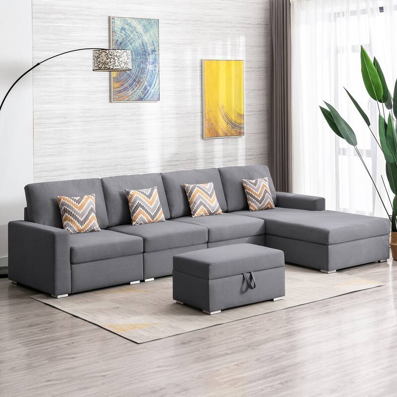 Linen Fabric 5 Piece Reversible Sofa Chaise with Interchangeable Legs and Storage Ottoman in Grey