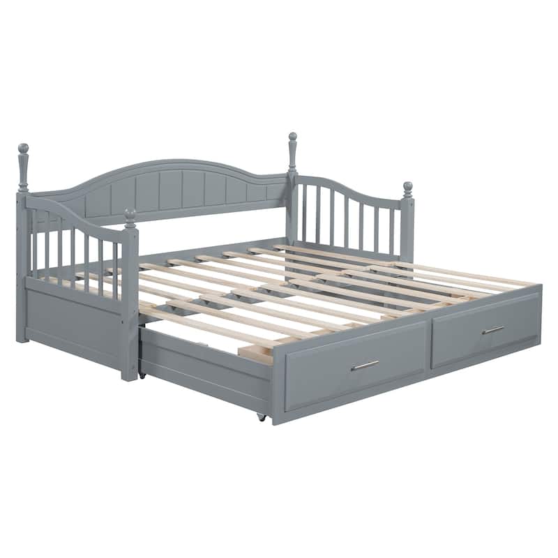 Gray Twin Size Wooden Daybed with Two Storage Drawers and Trundle for Bedroom