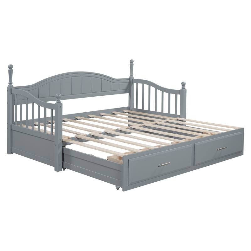 Platform Daybed with Extendable Trundle, 2 Drawers, 4 Bed Posts, Twin