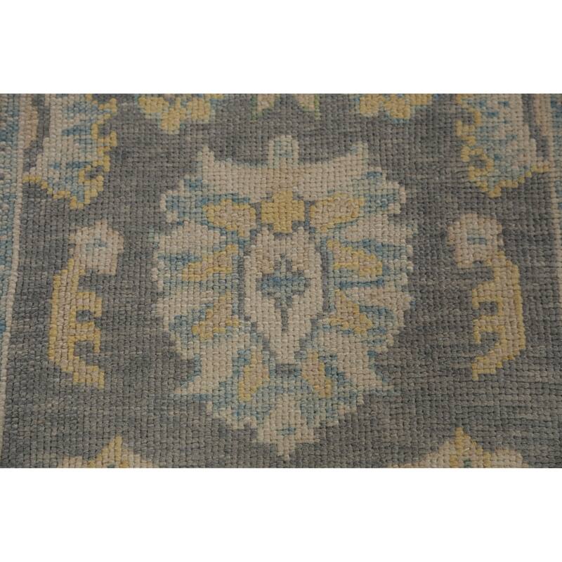 Hand Knotted Oriental 100% Wool Carpet Transitional Floral Greys & Charcoal Oushak Runner Rug - 14' 7'' X 3' 4''