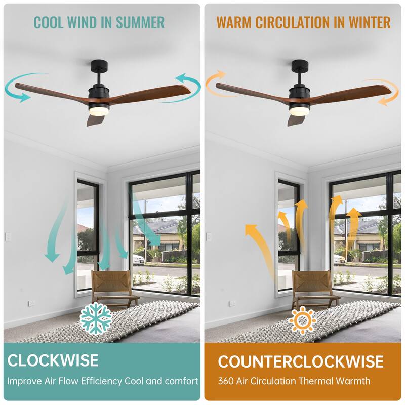 Sofucor 60Inch Ceiling Fan Solid Wood Blades with Light Remote Control,Indoor/Outdoor with Reversible DC Motor for Bedroom Patio