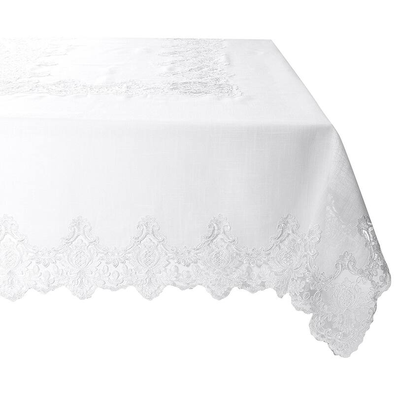 Violet Linen Imperial Embroidered Vintage Lace Pattern Tablecloth - 70" X 105" - White