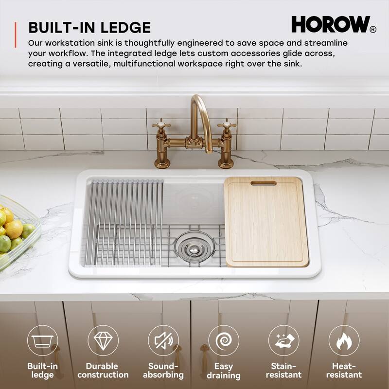 HOROW 33 in. White Ceramic Drop-In Kitchen Sink with Standard & Bottom Grid, Drain, Cutting Board