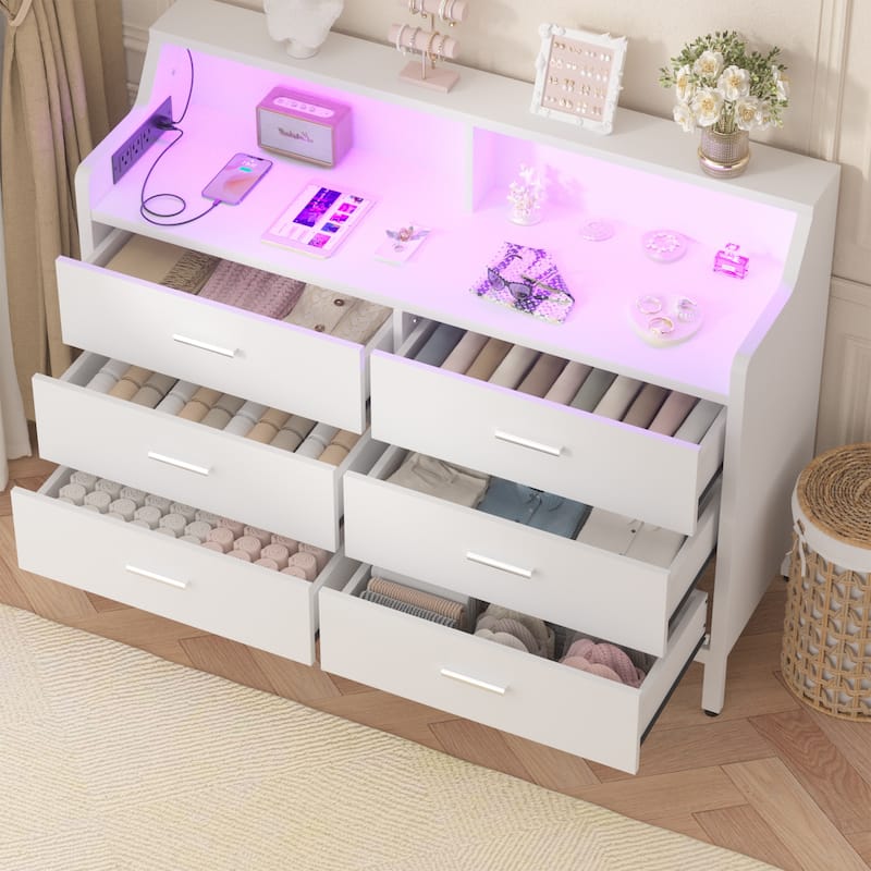6 Drawers Dresser with Charge Station and LED Light, Closet Organizer for Bedroom