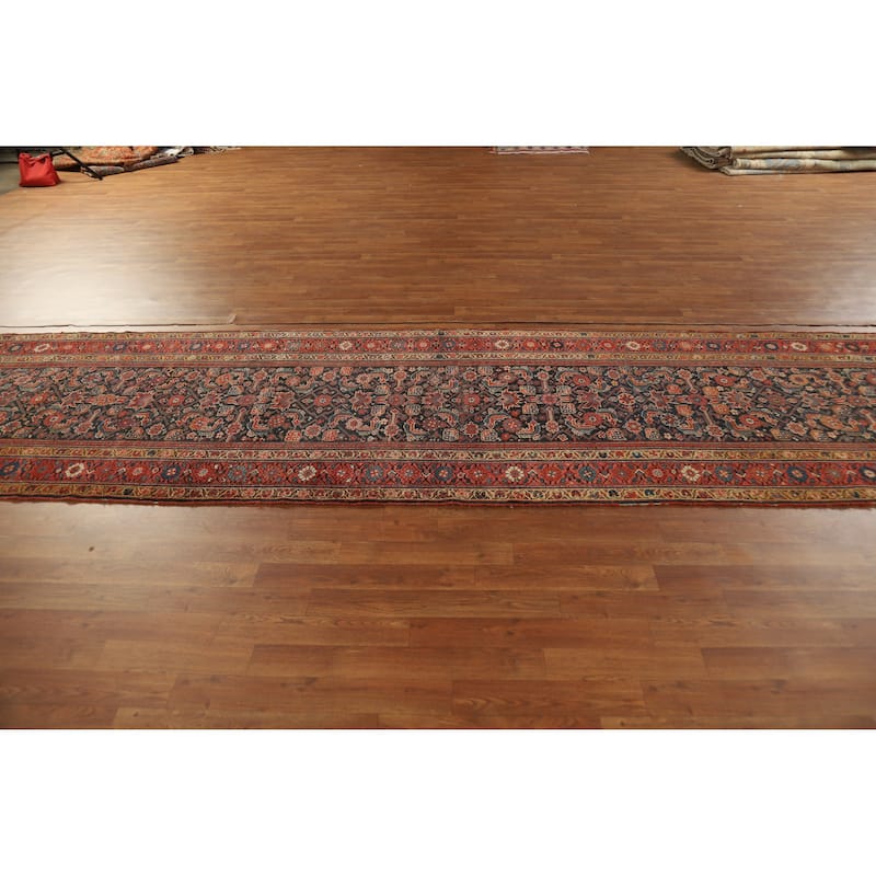 Hand Knotted Oriental 100% Wool Carpet Traditional All-Over Navy Blue & Blues Malayer Runner Rug - 16' 9'' X 3' 7''