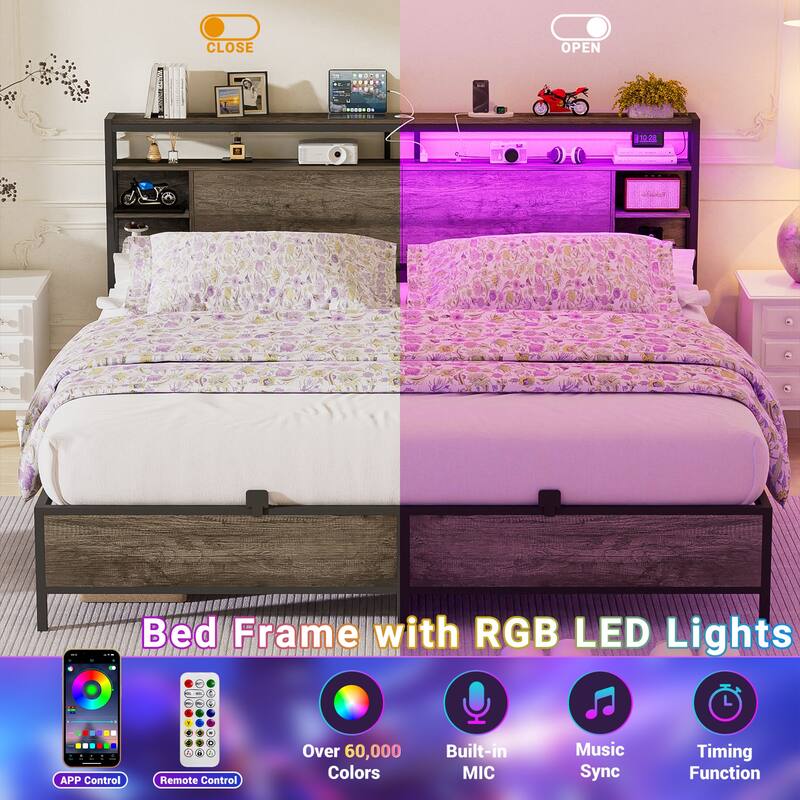 Bed Frame with Charging Station and RGB LED Lights, Sturdy Platform Bed with Storage Headboard,