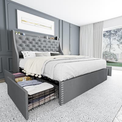 Bed Frame with 4 Storage Drawers and Headboard